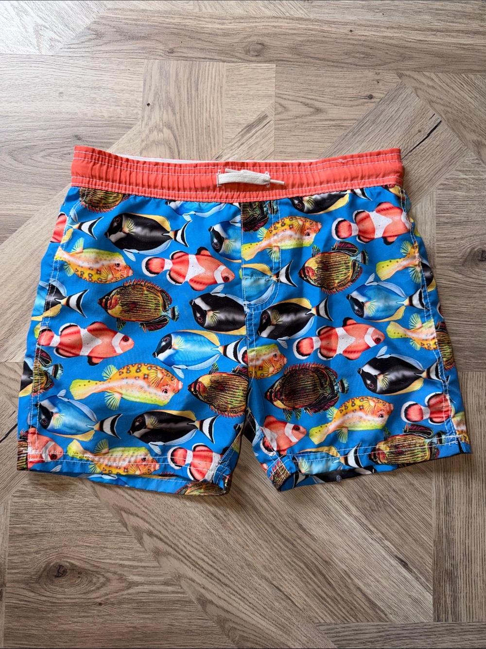 Kids Blue Tropical Fish Swim Trunks with Coral Waistband
